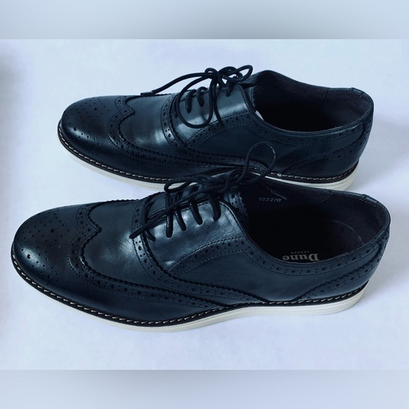 NEW Dune Mens 10 US BAYSIDE BLACK LEATHER WINGTIP WHITE WEDGE SOLE UK 44 - Picture 7 of 11